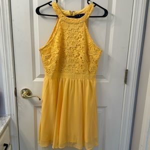 Lulus Lover’s Game Light Yellow Lace Skater Dress